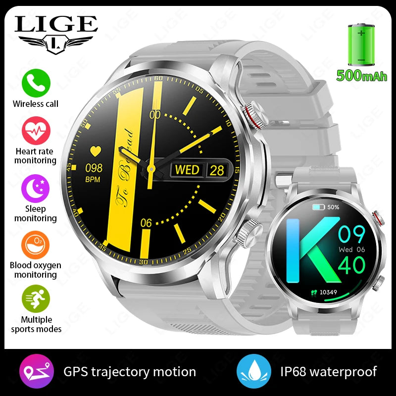 Reloj inteligente LIGE de 1,95 pulgadas con pantalla grande Ultra HD para hombre, llamadas Bluetooth, batería de 500 mAh, para deportes al aire libre y fitness, compatible con Android e iOS.