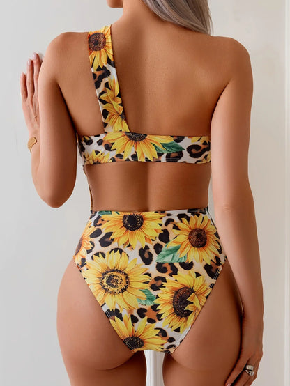 Traje de baño sexy de girasol de un solo hombro para mujer, traje de baño de una pieza, traje de baño recortado, traje de baño femenino para playa, monokini