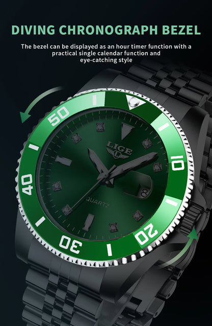 Reloj de lujo LIGE para hombre, reloj de cuarzo con esfera engastada de diamantes, resistente al agua, calendario, mariposa, doble cierre, acero inoxidable.