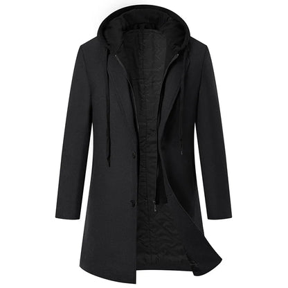 Autumn Winter Men's Wool Trench Coat Fashion Hooded Warm Long Woollen Coats Business Casual Turn Down Collar Woolen Blend Men