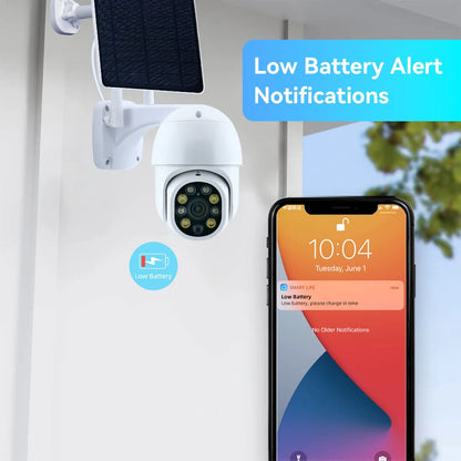 Cámara PTZ exterior Tuya SmartLife de 3 MP con WiFi, batería, energía solar, seguimiento de movimiento, detección PIR, visión nocturna a color y aplicación SmartLife.