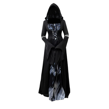 Halloween Witch Dress Skeleton Witch Sorcerer Adult Women Cosplay Costume Hood Skirt Stage Performance Modern Dance Wear Outfits