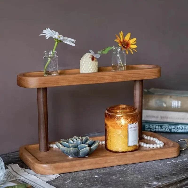 Juego de almacenamiento de escritorio de madera de doble capa: ideal para joyas, cosméticos, artículos de papelería y un estante de almacenamiento multifuncional de escritorio.