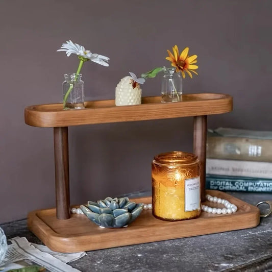 Juego de almacenamiento de escritorio de madera de doble capa: ideal para joyas, cosméticos, artículos de papelería y un estante de almacenamiento multifuncional de escritorio.