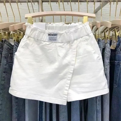 Vestido mini de algodón de cintura alta, talla grande, dos piezas, ilusión, pantalones, falda, adelgazante, corte A, medio cuerpo, para mujer, primavera, verano, blanco