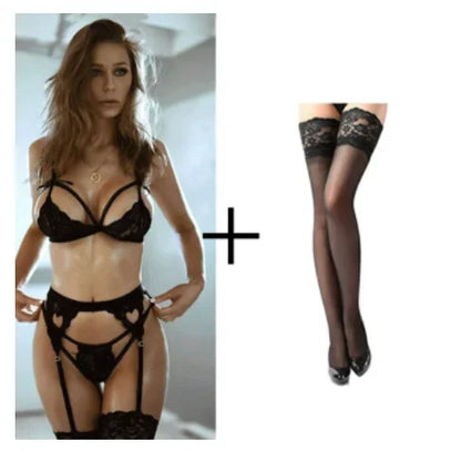 Conjunto de lencería sexy para mujer, sujetador de malla transparente de encaje, tangas con aros, ropa interior erótica íntima, babydolls.