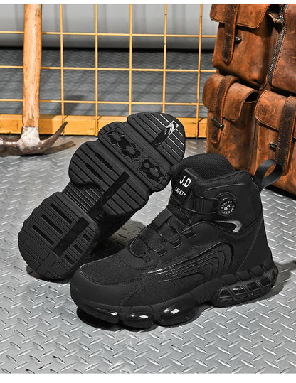 Zapatos de seguridad de caña alta para hombre con botón giratorio, resistentes a impactos y perforaciones, zapatillas de moda para hombre, calzado de seguridad profesional.