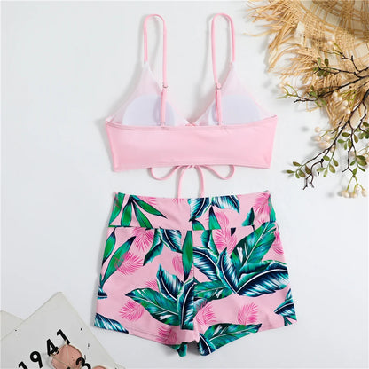 Bikini con cordón y estampado tropical para mujer, traje de baño de cintura alta con lazo frontal, pantalones cortos, traje de baño sexy para mujer, ropa de playa de verano