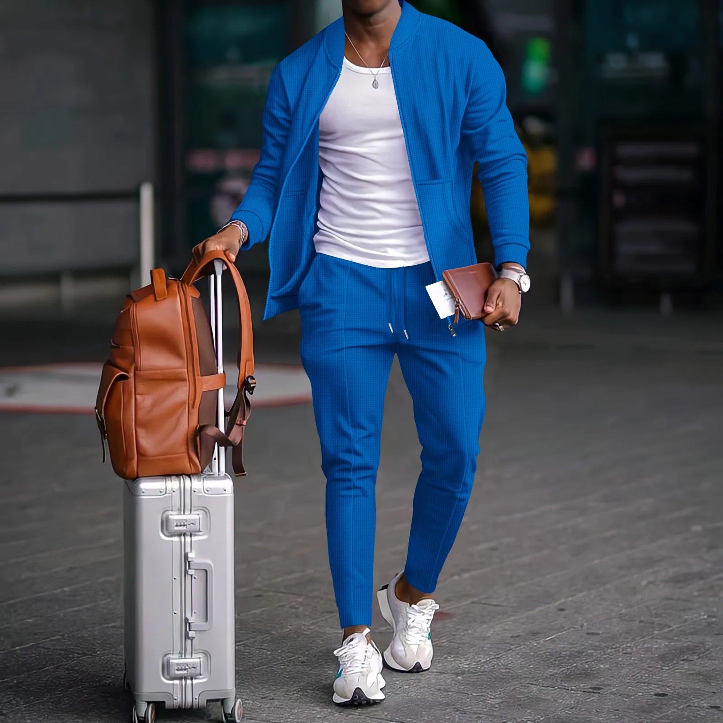 2025 new spring and autumn men stand collar solid color baseball casual Waffle full pants two men's suit men's wear