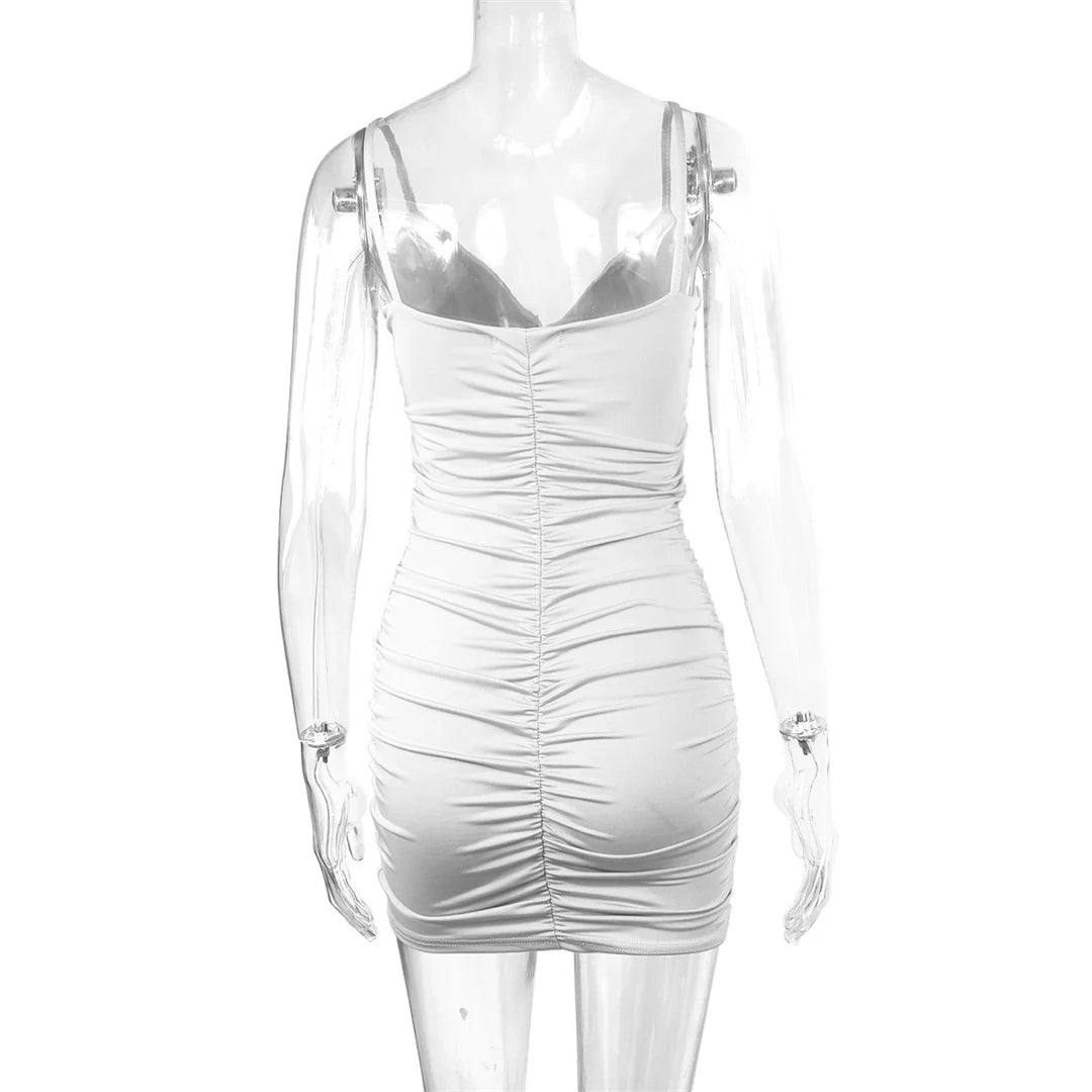 7 Color Sexy Wrinkled Pleated V Neck Sling Dress Short Club Ladies 2025 Summer Bodycon Dress Evening Party Tight Mini Dress D007