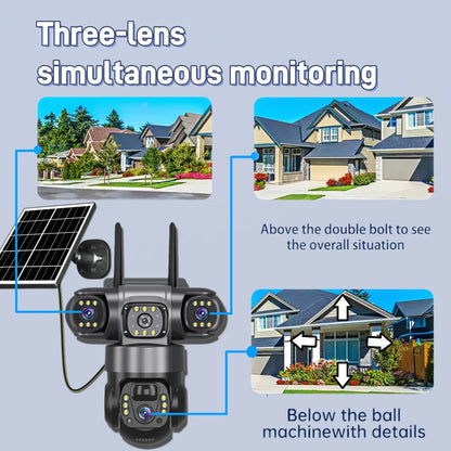 Cámara solar WiFi V380 Pro de 15 MP con 3 lentes, 3 pantallas, zoom 10x, detección de movimiento, resistente al agua, visión nocturna y protección CCTV.