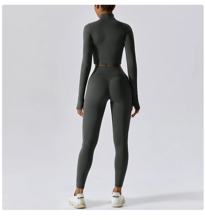 Conjunto de yoga de 3 piezas para mujer, conjuntos de entrenamiento, ropa deportiva para gimnasio, ropa deportiva con cremallera, leggings de manga larga y cintura alta, trajes deportivos, traje de yoga