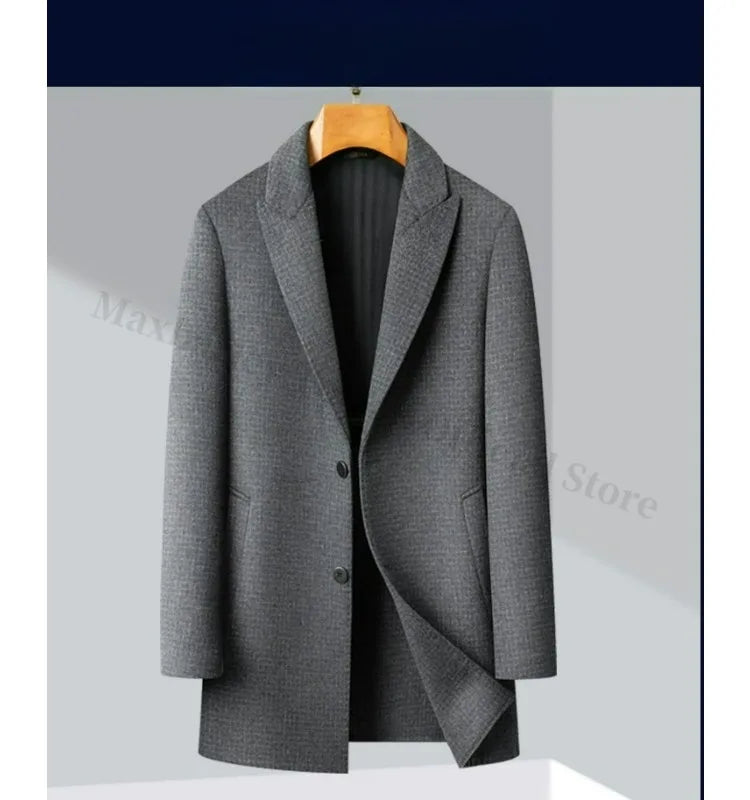 Abrigo de lana de doble faz para hombre, colección invierno 2025, estilo clásico informal de negocios, con solapa de muesca. Gabardina premium de largo medio.