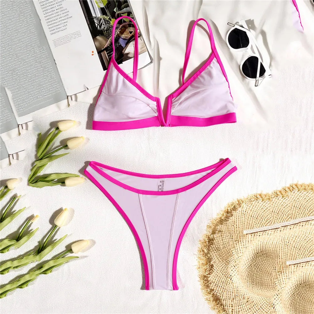 Conjuntos de bikini negros sexys con borde rosa, traje de baño con cuello en V para mujer 2025, microtanga de corte alto, bikinis de mujer
