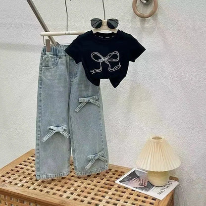 Conjuntos de ropa para niñas, traje con lazo, camiseta de manga corta y vaqueros, 2 piezas, atuendo de verano de 3 a 10 años