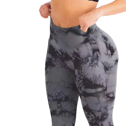 Pantalones de yoga de diseño, teñidos con la técnica tie-dye, cintura ancha, corte ajustado, sin costuras, efecto melocotón en la cadera, pantalones deportivos.