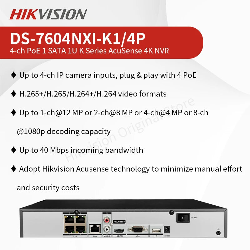 NVR Hikvision AcuSense 4K de 4, 8 y 16 canales para cámaras IP con PoE: DS-7604NXI-K1/4P, DS-7608NXI-K2/8P, DS-7616NXI-K2/16P