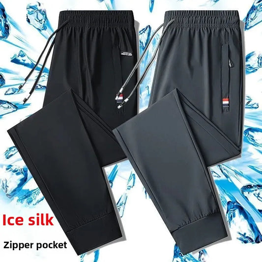 Pantalones deportivos de seda de hielo para hombre, de verano, finos, elásticos, sueltos, informales, transpirables, para correr al aire libre, pantalones largos, talla grande