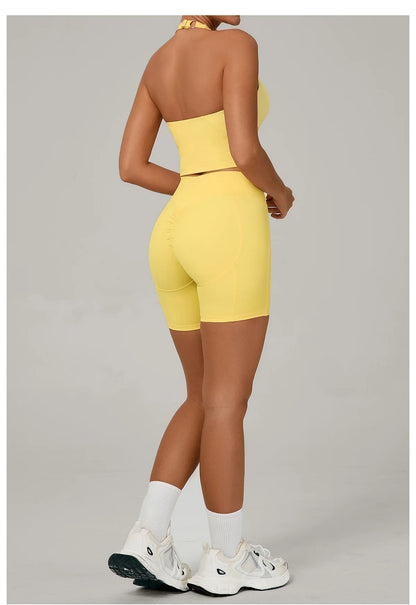 Ctenkevet - Conjunto de 2 piezas de sujetador halter sin espalda para mujer, ropa deportiva de secado rápido para gimnasio, conjunto deportivo femenino de dos piezas con pantalones cortos