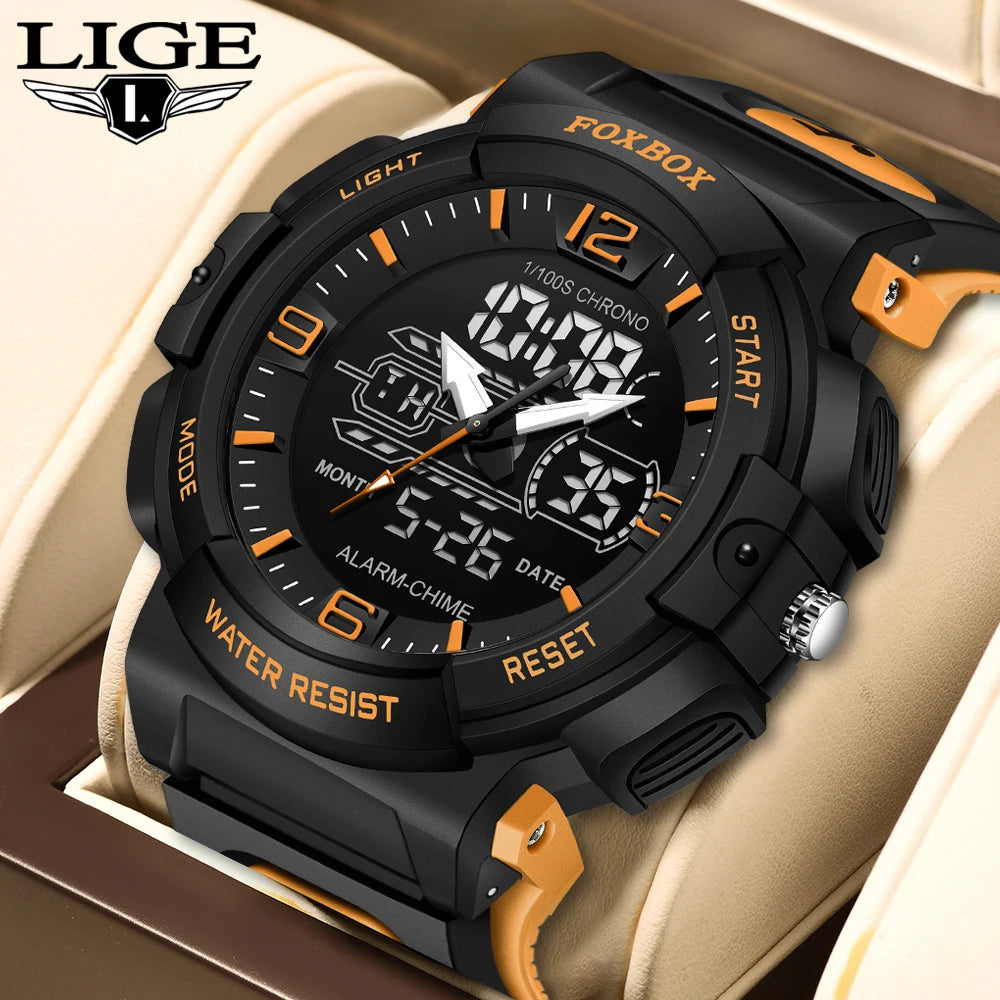 LIGE-Reloj de pulsera deportivo militar para hombre, nuevo, resistente al agua hasta 50 m, con alarma y pantalla LCD dual, de cuarzo