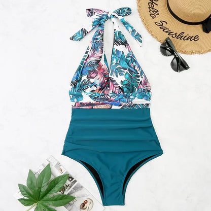 Traje de baño enterizo estampado de moda para mujer, bikini sexy, ropa de playa para damas, traje de baño con espalda descubierta y cordones.