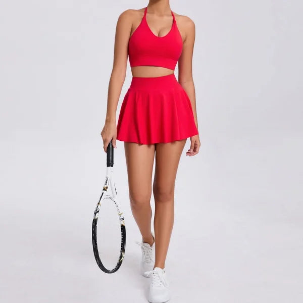 Conjunto de yoga para mujer, sujetador deportivo para exteriores, falda de tenis antiexposición, camiseta sin mangas de yoga transpirable de secado rápido, novedad de 2025