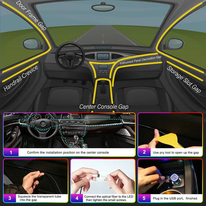 Tira de luces LED para ambiente interior de coche, RGB, fibra óptica, iluminación de neón con control remoto por aplicación, lámparas decorativas para coche