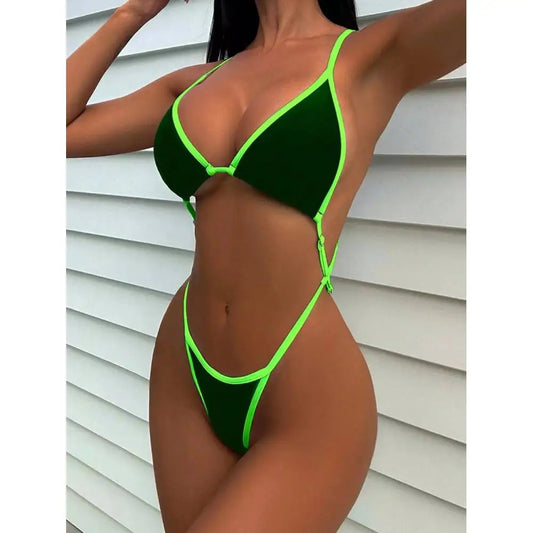 Traje de baño de una pieza con cuello halter y ribete en contraste para mujer, traje de baño sexy para playa de verano