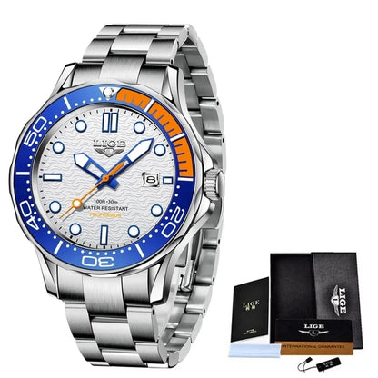LIGE - Reloj de buceo de lujo para hombre, marca superior, resistente al agua hasta 3 ATM, con fecha, deportivo, de cuarzo, Masculino