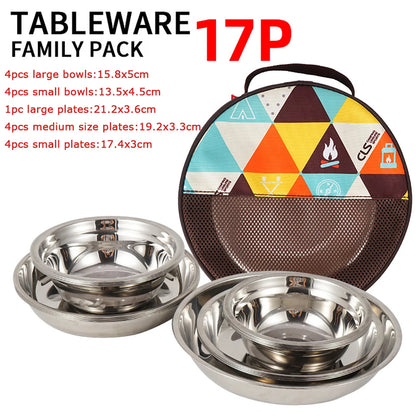 Juego de 17/22 piezas de vajilla de acero inoxidable para acampar, resistente, para picnic al aire libre, ensalada, contenedor de comida, picnic, viaje