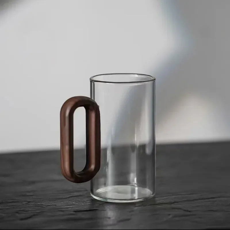 Tazas de té de vidrio de borosilicato de 360 ml, resistentes al calor, transparentes, con mango de madera, para agua potable, para el hogar y la oficina.