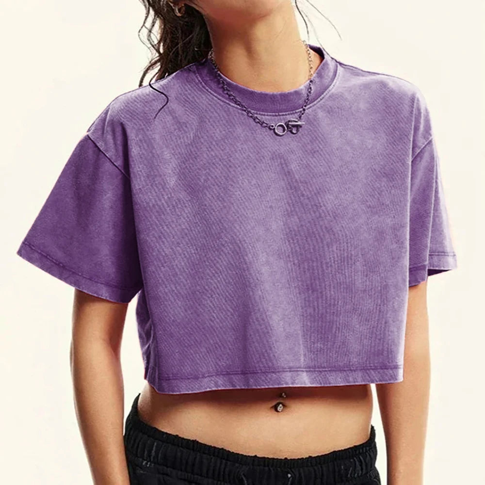 Camiseta lavada ajustada y lisa, moda femenina, algodón suave, ropa de calle, informal, deportiva, de manga corta, estilo retro, para mujer