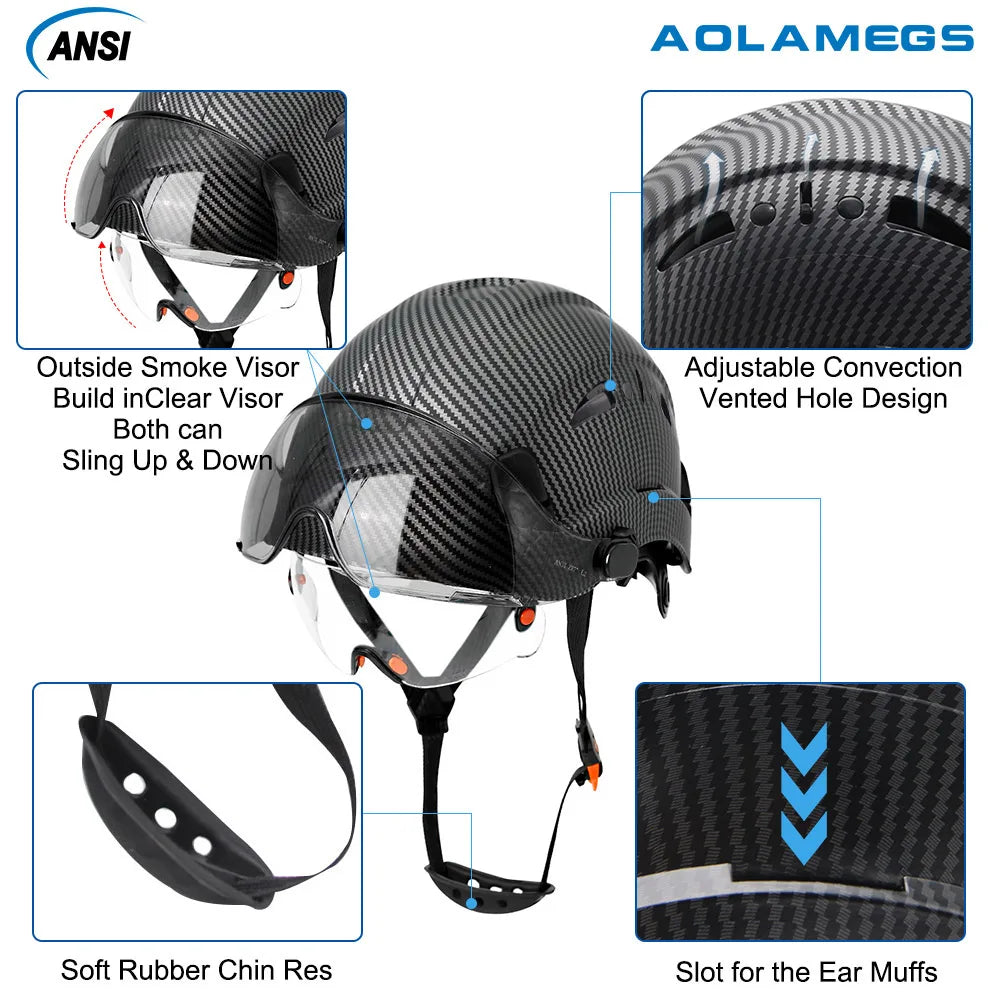 Casco de seguridad con patrón de fibra de carbono y gafas de doble visera para ingenieros, casco de seguridad CE ANSI ABS, gorra de trabajo industrial, rescate
