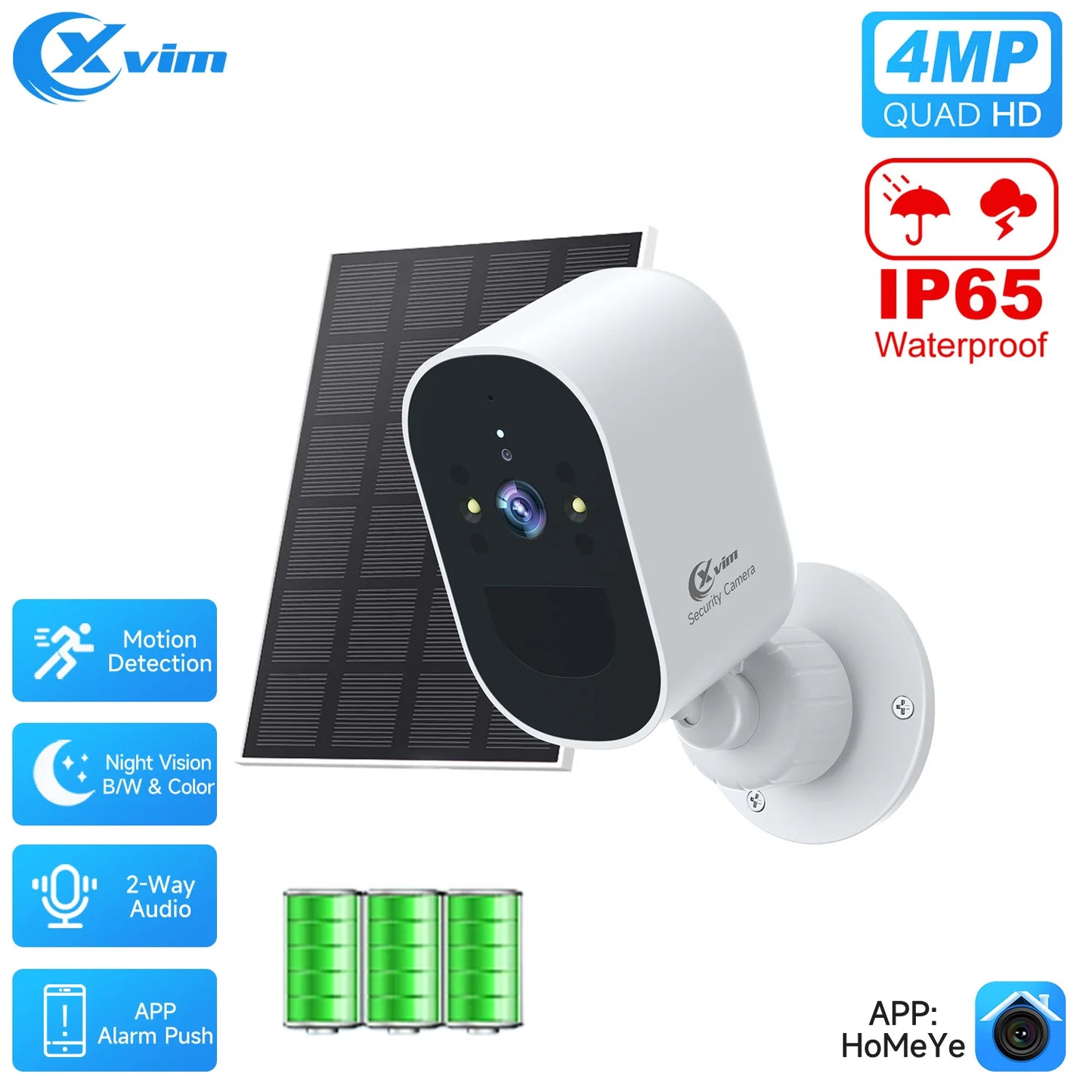 Cámara de seguridad solar XVIM de 4 MP con WiFi inalámbrico, 4 MP, alimentada por batería solar, protección para vigilancia doméstica HD