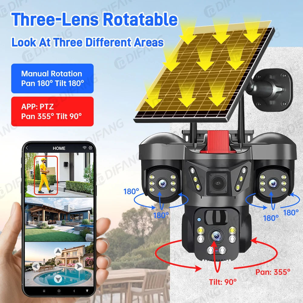 Cámara de vigilancia solar 8K 15MP con tres pantallas, WiFi, seguimiento automático, PTZ, tarjeta SIM 4G, cámara IP solar inalámbrica V380 Pro