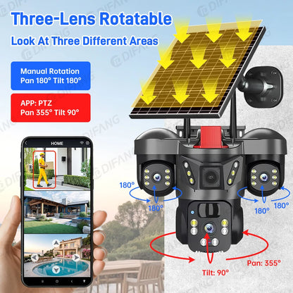 Cámara de vigilancia solar 8K 15MP con tres pantallas, WiFi, seguimiento automático, PTZ, tarjeta SIM 4G, cámara IP solar inalámbrica V380 Pro