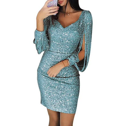 Vestido adelgazante de manga larga con flecos y escote en V con diamantes de imitación, el más vendido de Amazon Wish en 2019, para niñas, juvenil y elegante.