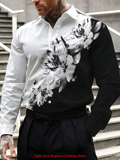 Camisa de hombre con estampado geométrico, estilo urbano clásico, manga larga, cuello, botonadura sencilla. Envío rápido.