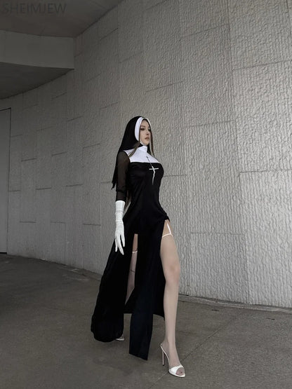 Sexy Anime Nun Cosplay Costume Women Fancy Dress Uniform Halloween Party Adult Madonna Dress Black Fancy Robe Headdress Set 2025