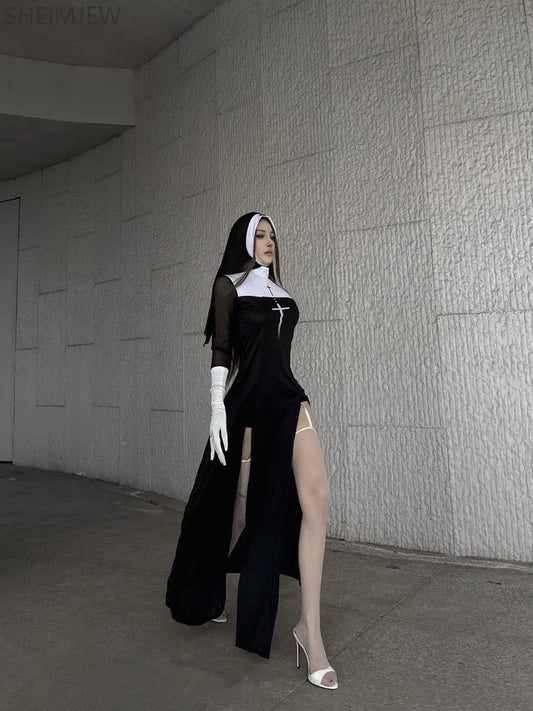 Sexy Anime Nun Cosplay Costume Women Fancy Dress Uniform Halloween Party Adult Madonna Dress Black Fancy Robe Headdress Set 2025