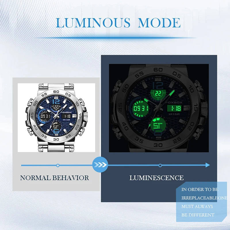 Reloj de pulsera deportivo para hombre FOXBOX Fashion Luxury Quartz, militar, impermeable, con doble pantalla, cronógrafo luminoso + CAJA