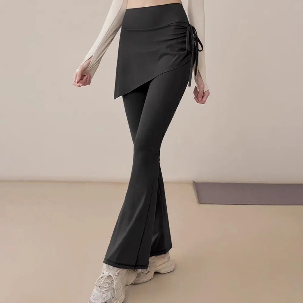 Leggings deportivas 2 en 1 con diseño de falda, dobladillo acampanado, cintura alta y cordón ajustable para yoga, actividades al aire libre y fitness.