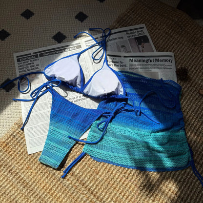 VigoBreviya - Conjunto de bikini de 3 piezas con falda y degradado para mujer, traje de baño sexy con cuello halter, push up, tanga de corte alto atada, 2024