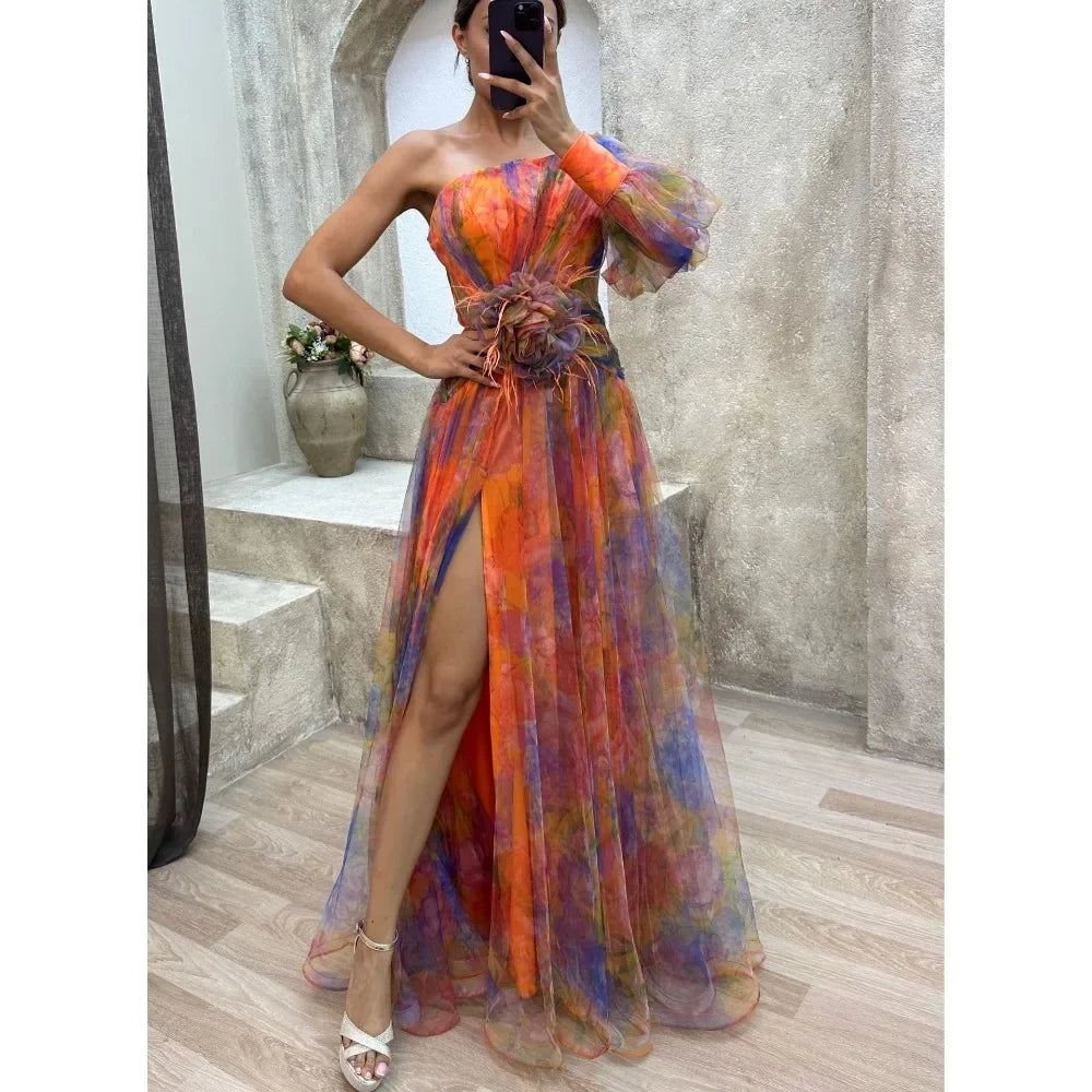 Women's Summer Fashion Casual Dress Slant Neck Off Shoulder Long Sleeve Mesh Dress Flower Waist Split Dress Holiday Party