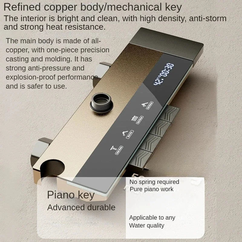 Juego de ducha gris con sistema de ducha inteligente de cuatro funciones con pantalla digital, ducha tipo lluvia a presión, grifería de pared con teclas de piano