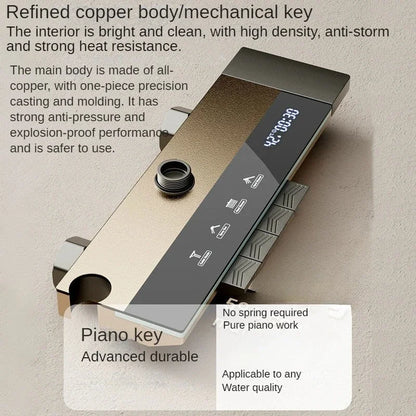 Juego de ducha gris con sistema de ducha inteligente de cuatro funciones con pantalla digital, ducha tipo lluvia a presión, grifería de pared con teclas de piano