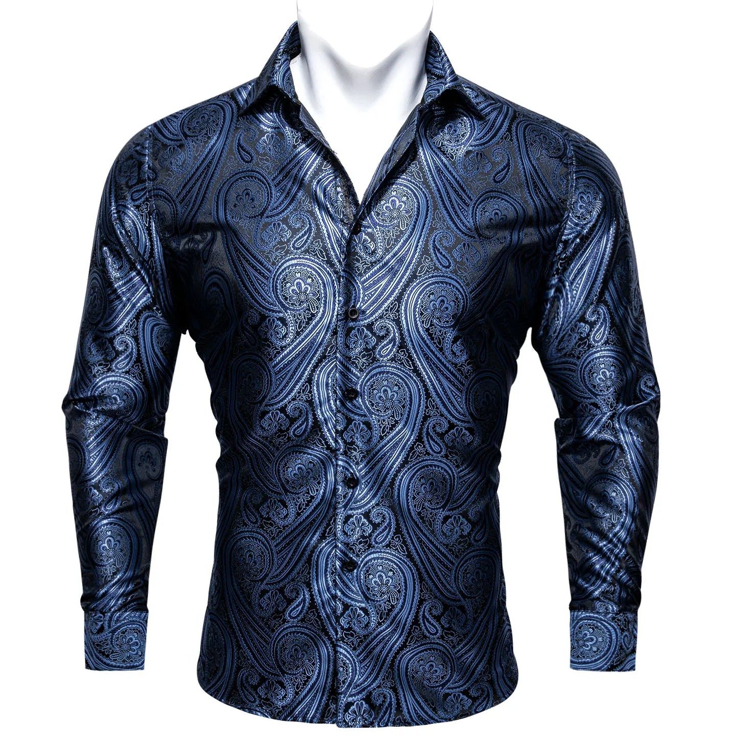 Camisas clásicas negras estampadas y bordadas para hombre, solapa de seda, manga larga, corte formal exquisito, ideales para eventos de negocios y fiestas. Barry.Wang CY-0407