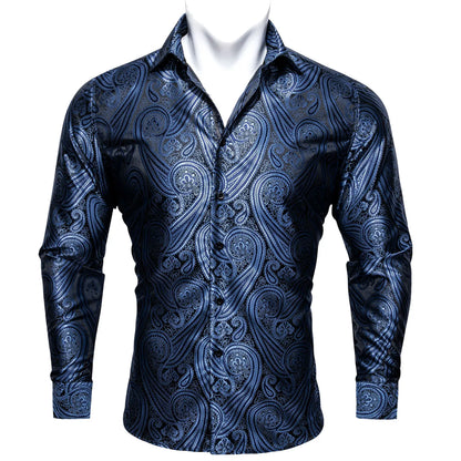Camisas clásicas negras estampadas y bordadas para hombre, solapa de seda, manga larga, corte formal exquisito, ideales para eventos de negocios y fiestas. Barry.Wang CY-0407