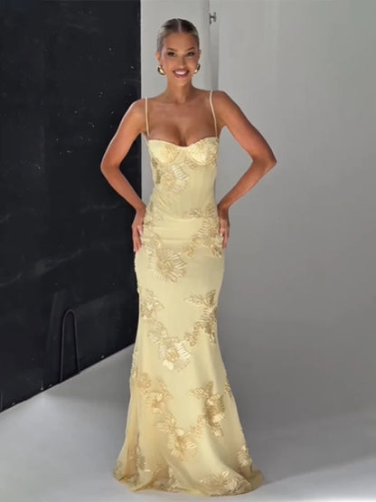 Women Flower Printed Sling Long Dresses Sleeveless Off Shoulder Floor Length Backless Maxi Dress Lady Elegant Chic Party Robe
