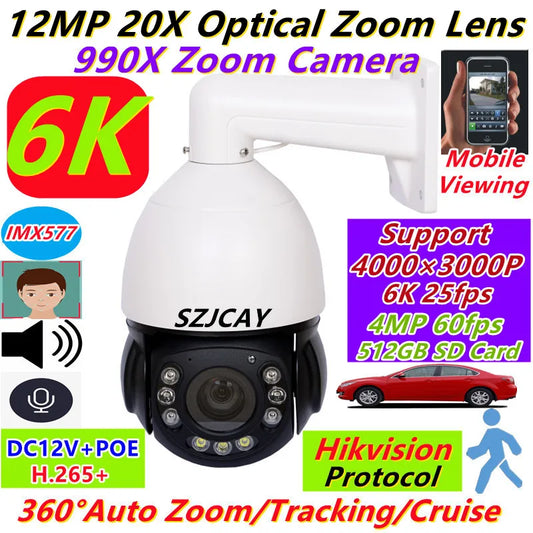 Cámara IP domo PTZ de alta velocidad para exteriores, 12 MP, 6K, PoE, zoom 990X, seguimiento humano por IA, compatible con NVR Hikvision y Dahua.
